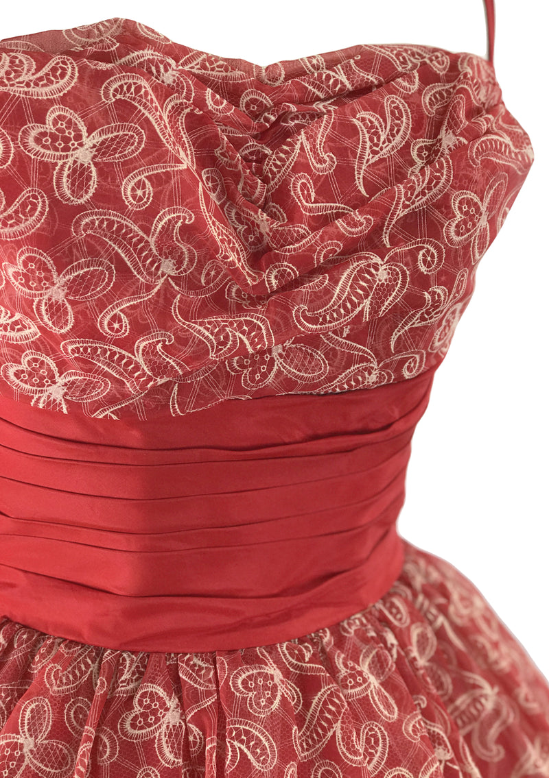 Vintage 1950s Red & White Flocked Party Dress - New!