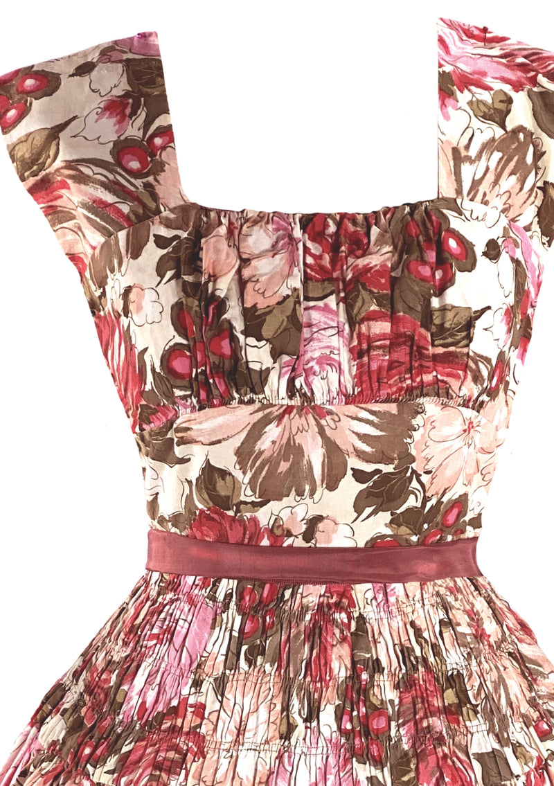 Vintage 1950s Pink Novelty Floral Cotton Dress- New!