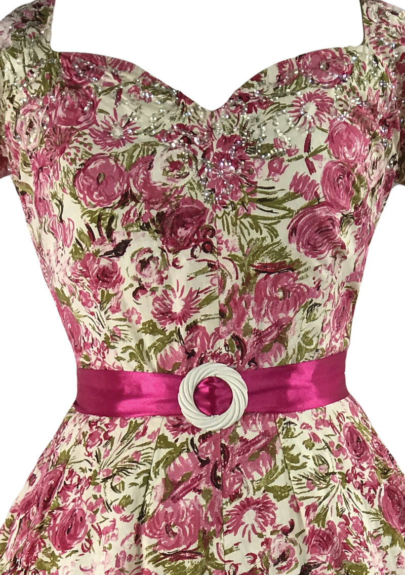 1950s Pink Roses with Sequins Cotton Dress- New!
