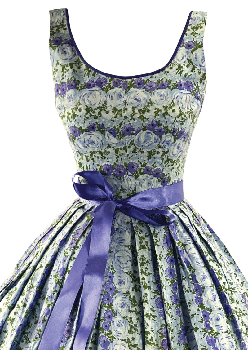 Glorious 1950s Blue Rose Print Cotton Dress - New!