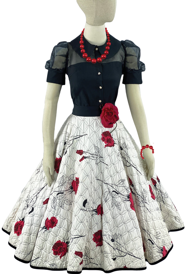 Vintage 1950s Red Rose Quilted Designer Skirt - NEW!