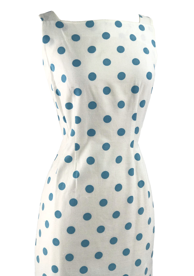 Late 1950s Early 1960s White Pique & Blue Polka Dots Dress Ensemble - Coutura Vintage Late 1950s Early 1960s White Pique & Blue Polka Dots Dress Ensemble - Coutura Vintage