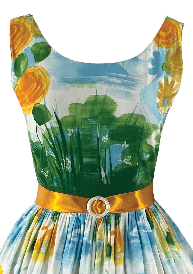 Vintage 1950s Scenic Floral Cotton Dress- New!