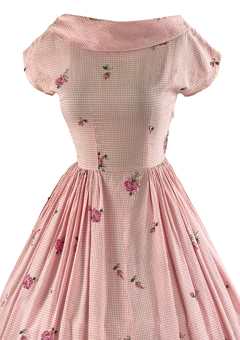 Vintage Late  1950s Pink Gingham Dress with Roses - NEW!