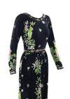 Vintage 1970s Black Floral Jersey Designer Maxi Dress - NEW!