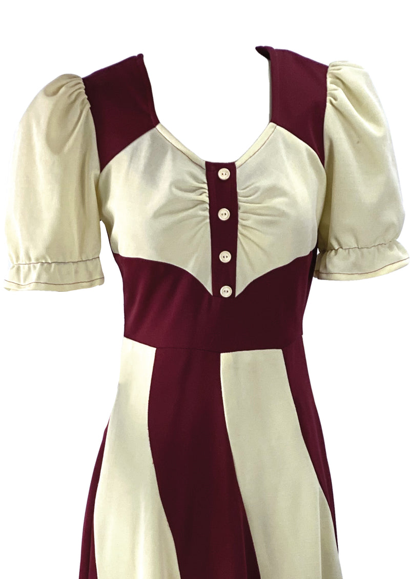 Vintage 1970s Burgundy & Cream Colour Block Maxi Dress - NEW!