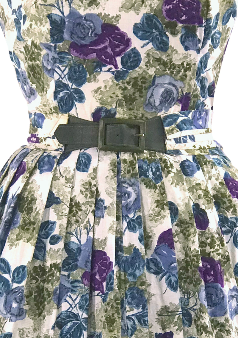 Vintage 1950s Purple & Blue Rose Print Dress- New!