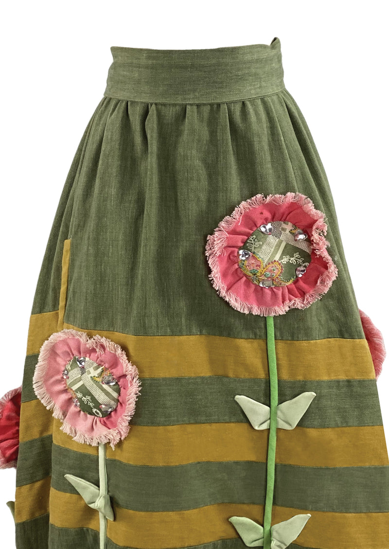 Vintage 1970s Sunflower Appliqué Maxi Skirt by Designer Chessa Davis - New!