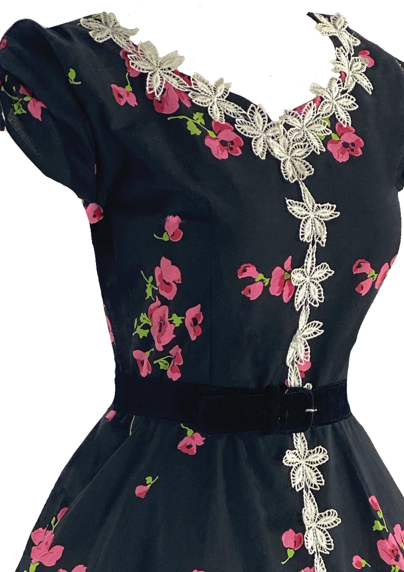 Vibrant 1950s Pink Oriental Poppies Cotton Dress- New!