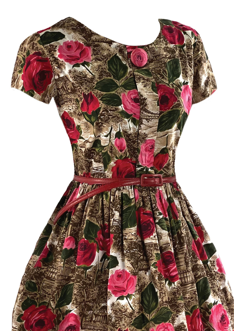 Late 1950s Rural Countryside with Roses Novelty Print Dress- NEW!