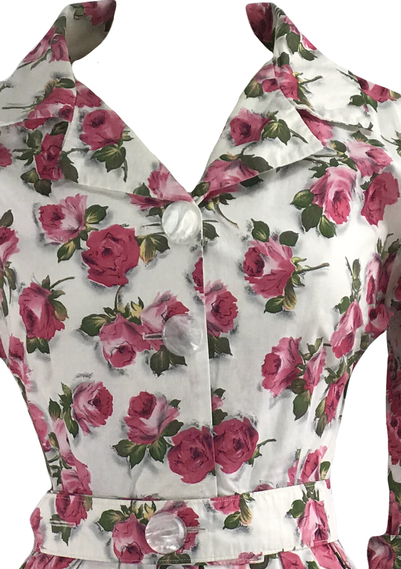 Vintage 1950s Deep Prink Rose Print Cotton Dress- New!