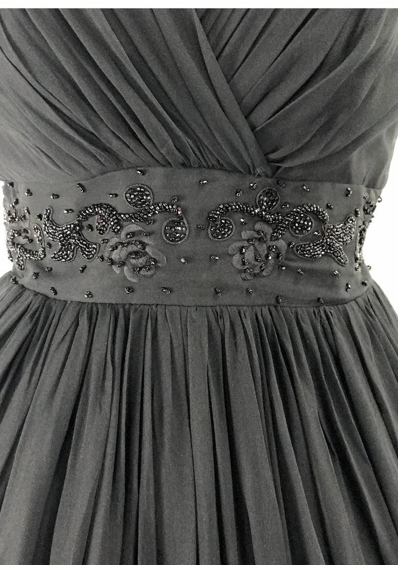 Early 1960s Black Beaded Silk Chiffon Party Dress- New!