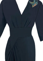 Classic 1940s Draped Black Rayon Dress- New!