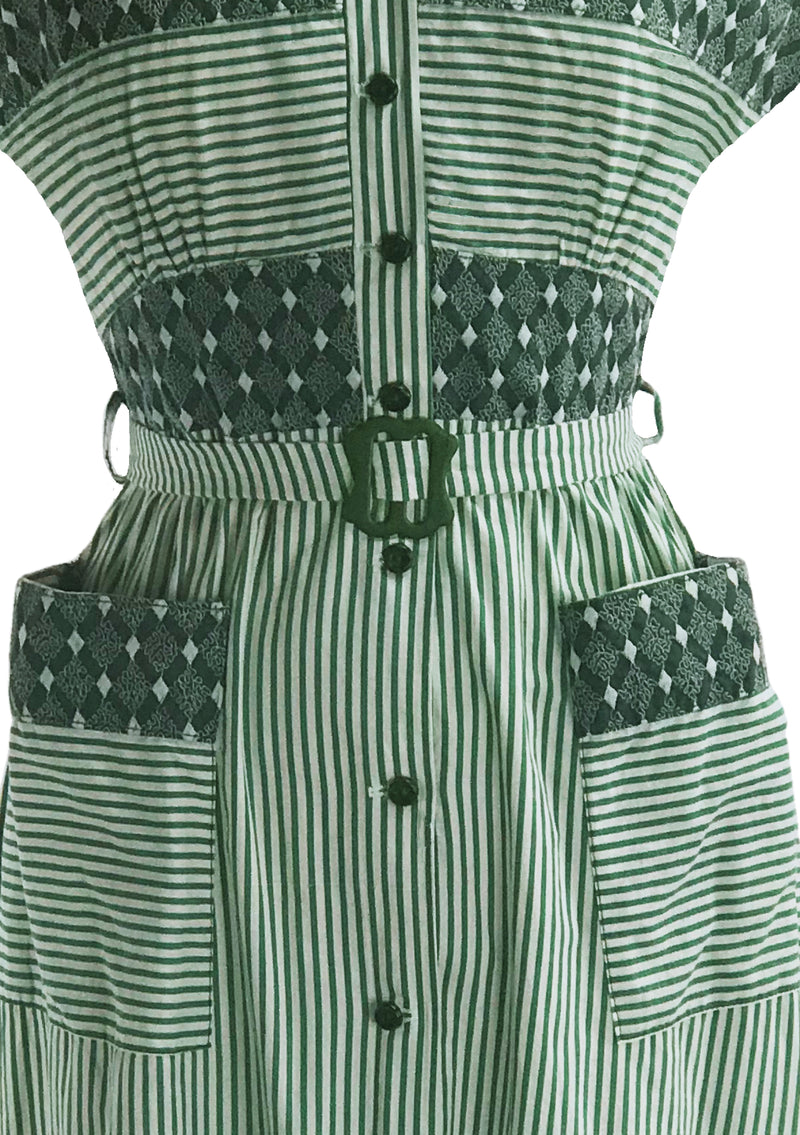 Late 1940s Early 1950s Green & Ivory Stripe Dress- New! (ON HOLD)