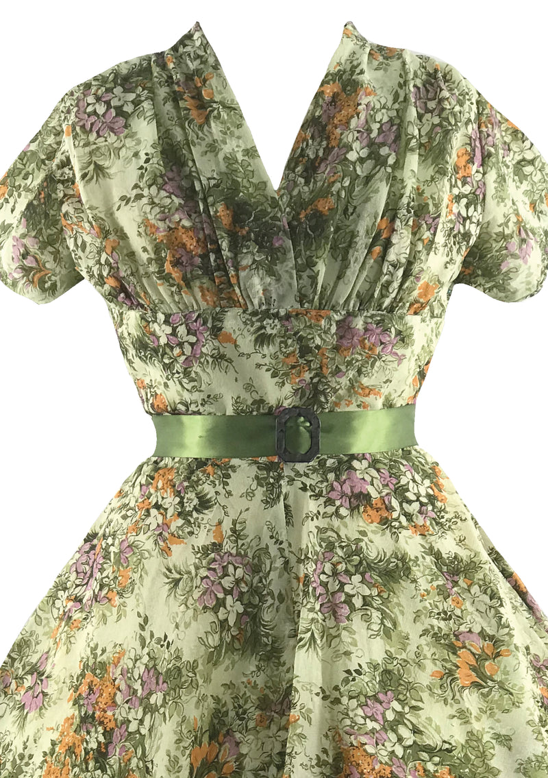 Beautiful 1950s Green Floral Plisse Dress - New!