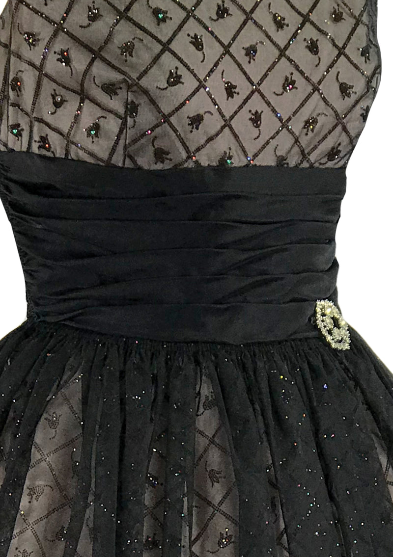 Vintage 1950s Black Flocked Chiffon Glitter Party Dress - New!