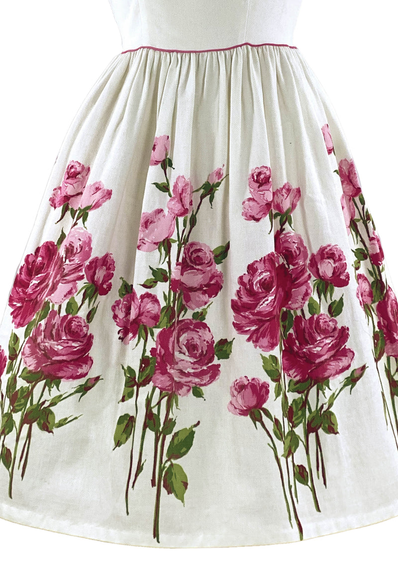 Early 1960s Pink Roses on White Pique Cotton Dress- New!