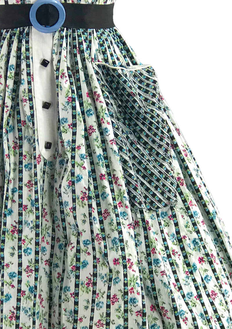 Early 1950s Striped Rose Print Cotton Dress- New!