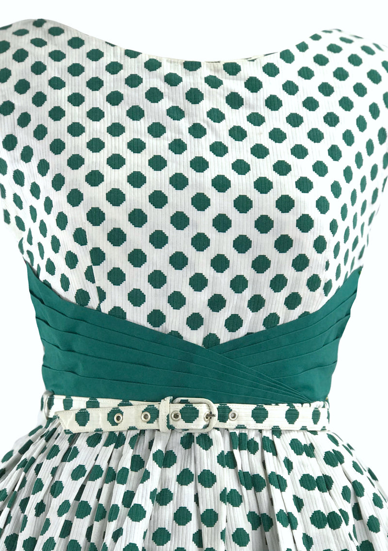 Vintage 1950s Green Polka Dot Pique Cotton Dress - NEW!