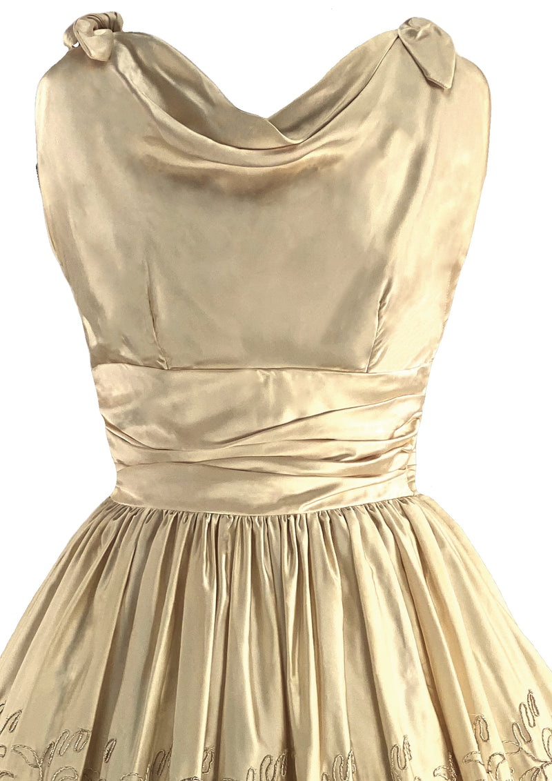 1950s Beaded Pale Gold Silk Satin Cocktail Dress - New!