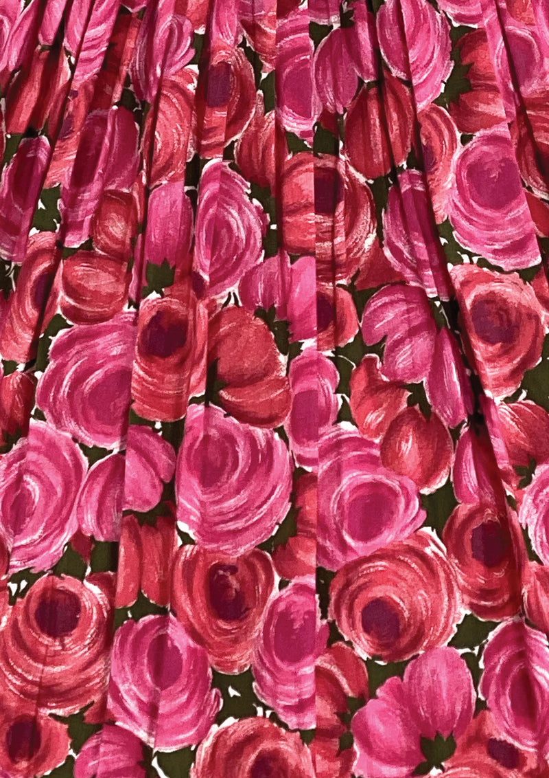 Spectacular 950s 1960s Magenta Roses Cotton Dress  - New!