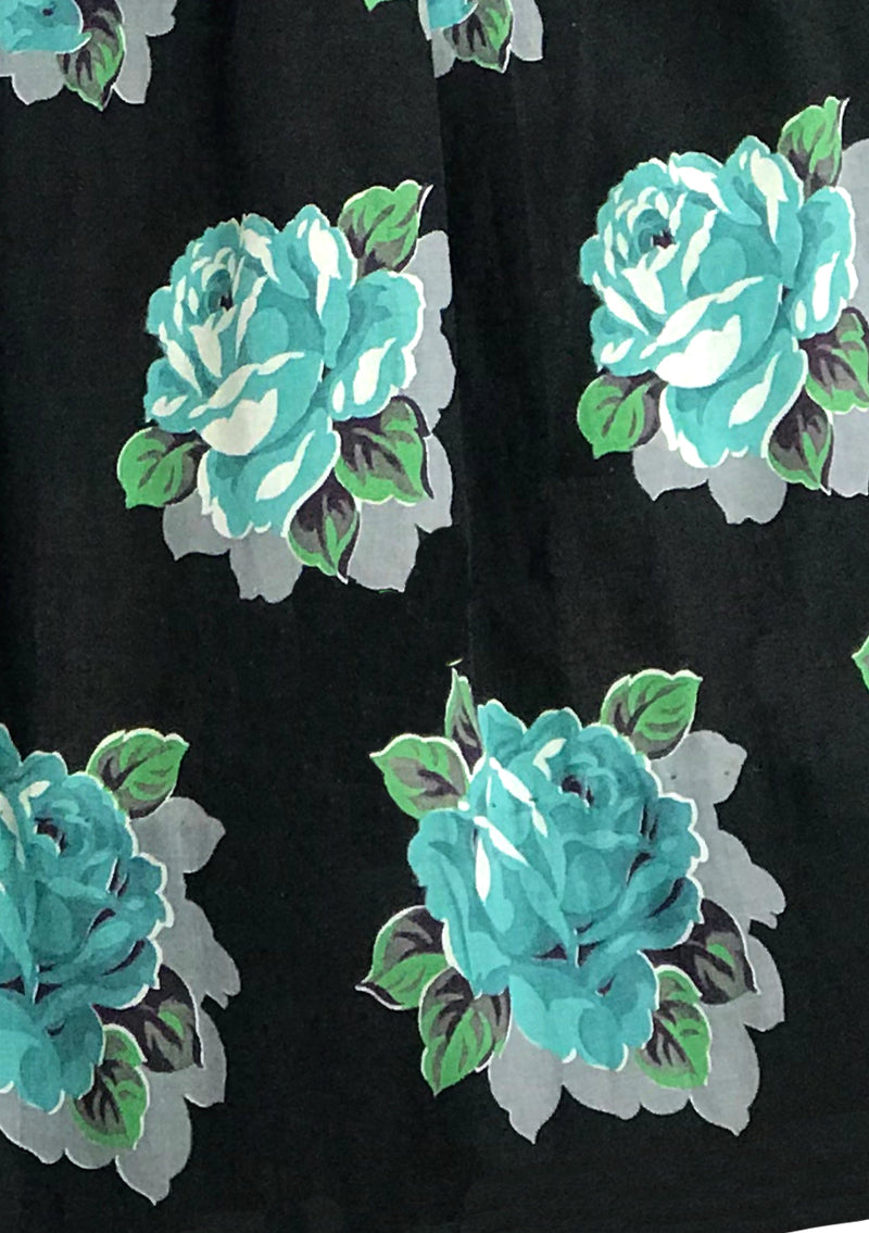 Lovely 1950s Turquoise Roses on Black Cotton Skirt- New!