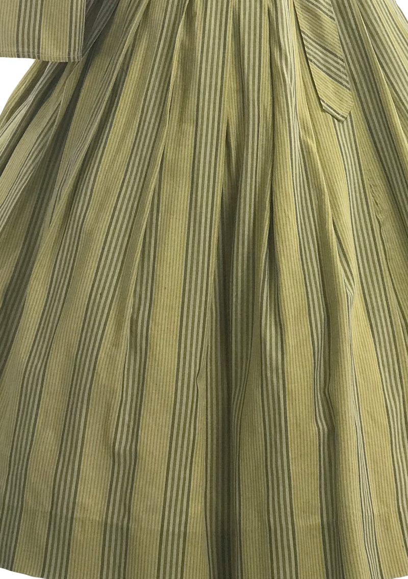 Late 1950s Sage Green Ticking Stripe Cotton Dress- New!