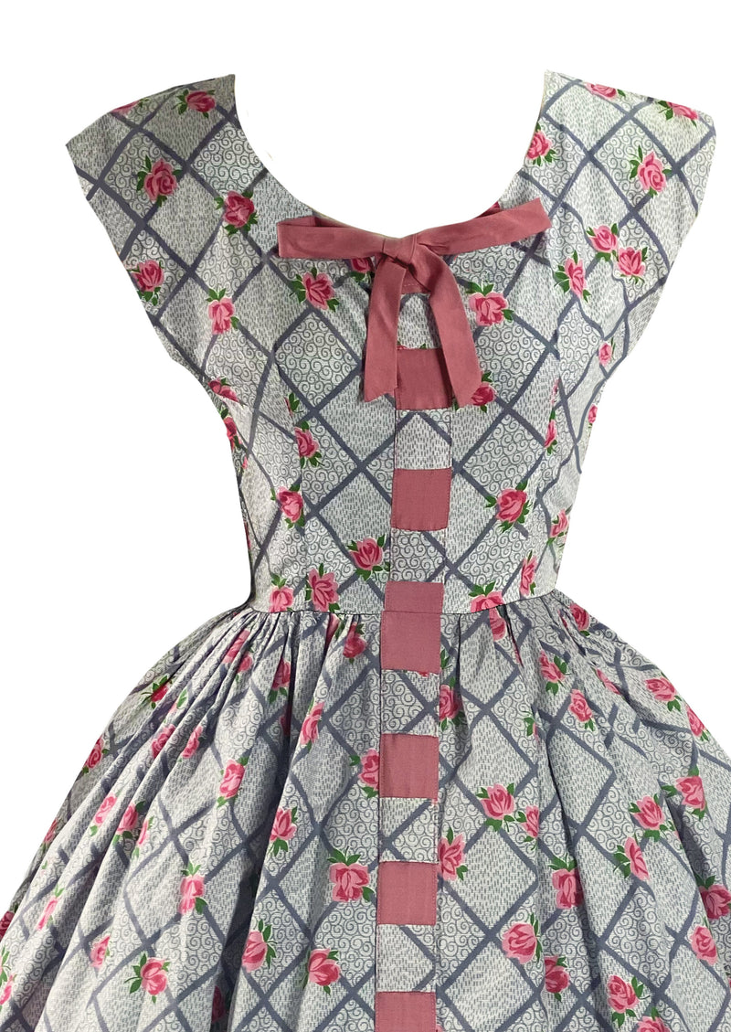 1950s Pink Roses with Grey Grid Background Cotton Dress - New!