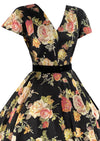 Striking Late 1950s Pink Cabbage Roses on Black Taffeta Dress- NEW!