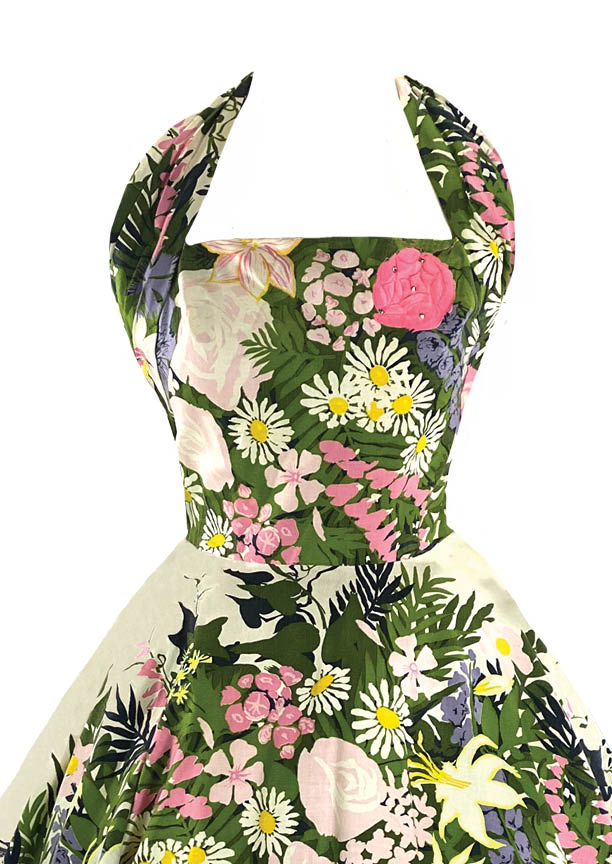 Vintage 1950s Floral Garden Halter Cotton Dress- New!