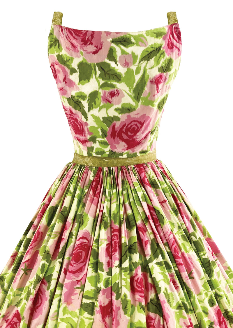 Vintage 1950s Full Blown Pink Roses Print Cotton Dress - NEW!