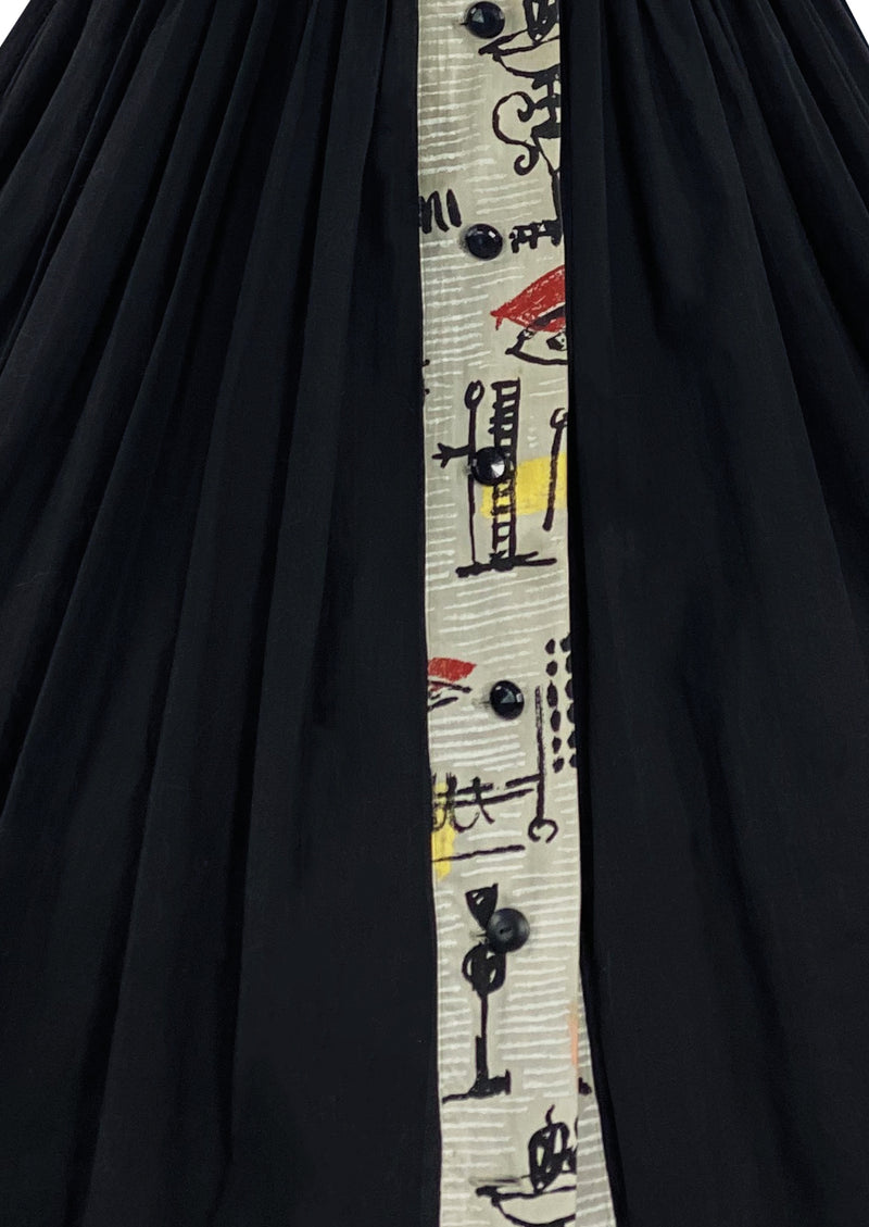 Stunning 1950s Black Primitive Art Print Cotton Dress - NEW!