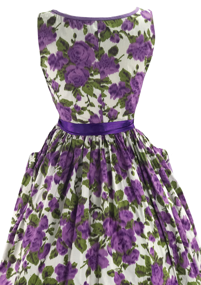 Striking 1950s Purple Roses Cotton Dress- New!