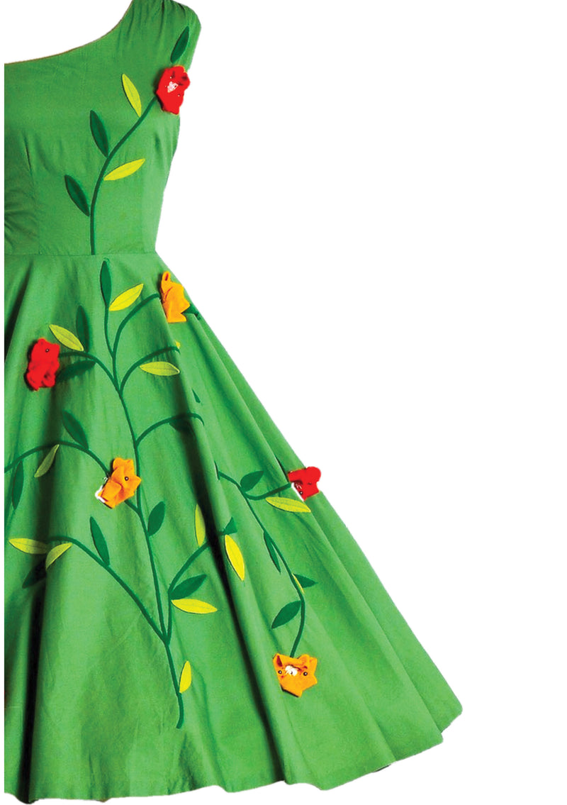 1950s Apple Green Cotton Floral Applique Dress- New!