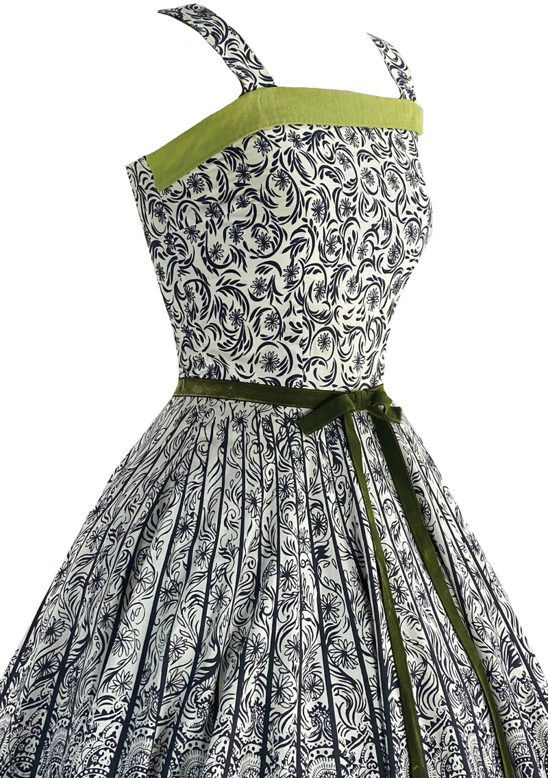 Vintage 1950s B&W Cotton Sundress Ensemble with Chartreuse- New!