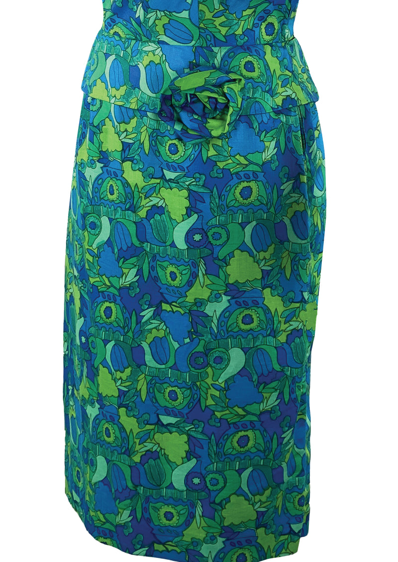 Early 1960s Blue and Green Abstract Print Silk Dress - NEW!
