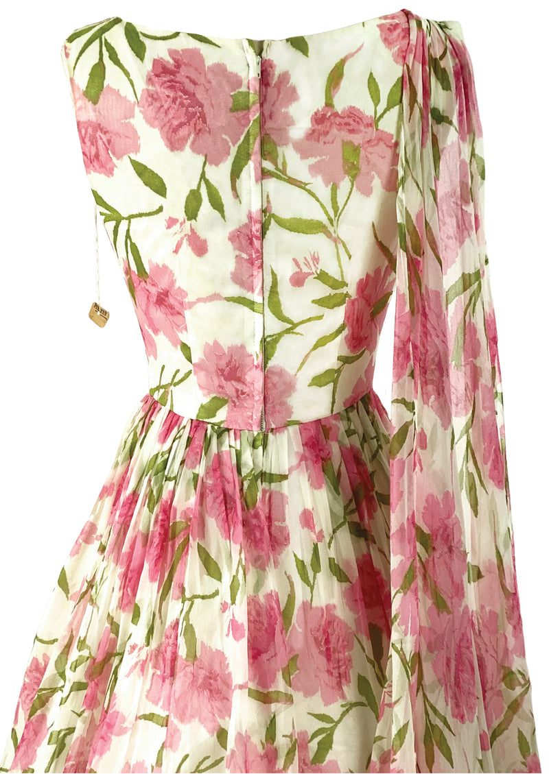 Early 1960s Pink Carnations Chiffon Dress - NEW!