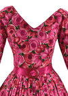 Spectacular 950s 1960s Magenta Roses Cotton Dress  - New!