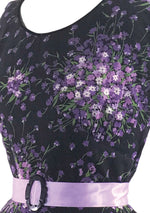 1950s Purple Floral Sprays on Black Cotton Dress- New!