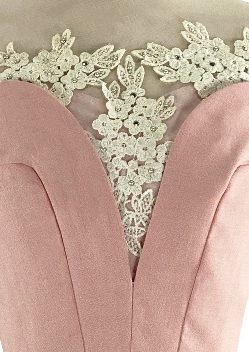 1950s Designer Pink Linen Applique Wiggle Cocktail Dress- New!