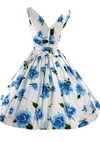 1950's Blue & White Large Roses Print Pique Cotton Dress - New!