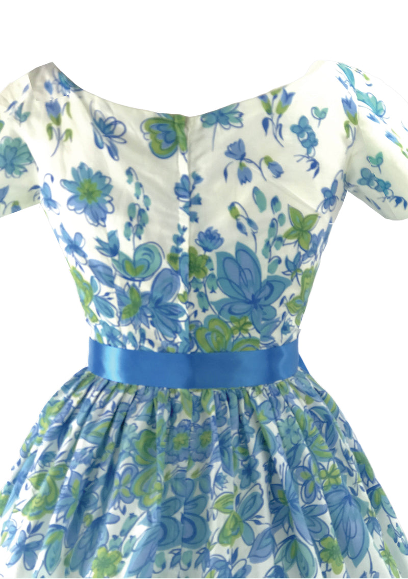 Original 1950's Sky Blue Cascading Floral Print Dress - New!