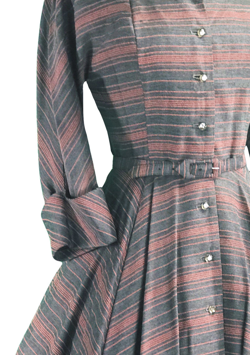 Late 1940s Early 1950s Grey & Pink Chevron Stripe Dress- New!