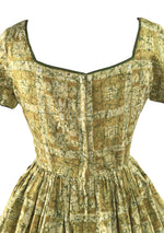 Original 1950s Gold & Green Cotton Grecian Print Dress - New!