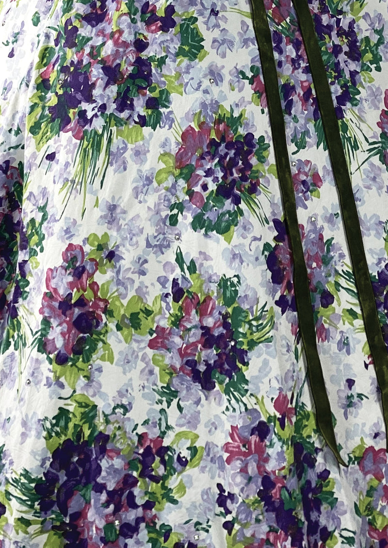 Stunning 1950s Violet Sprays Cotton Designer Dress with Rhinestones - New!