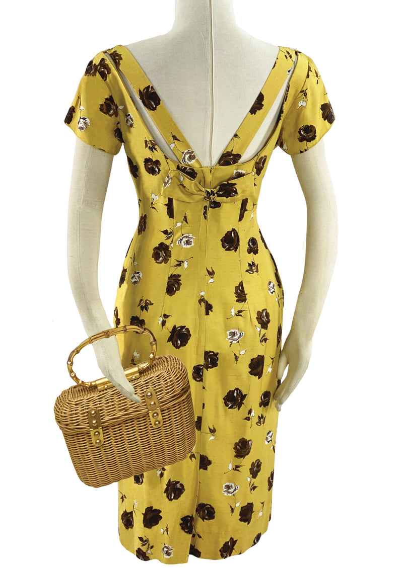 Late 1950s to Early 1960s Golden Floral Wiggle Dress - New!