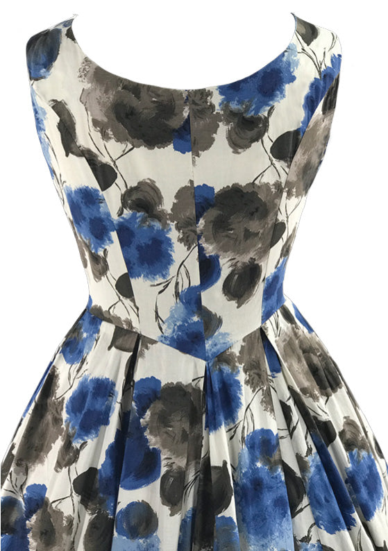 Vintage 1950s Muted Blue Roses Cotton Dress - New!
