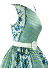 Late 1950s Blue and Green Stripes and Bouquets Cotton Dress - New!