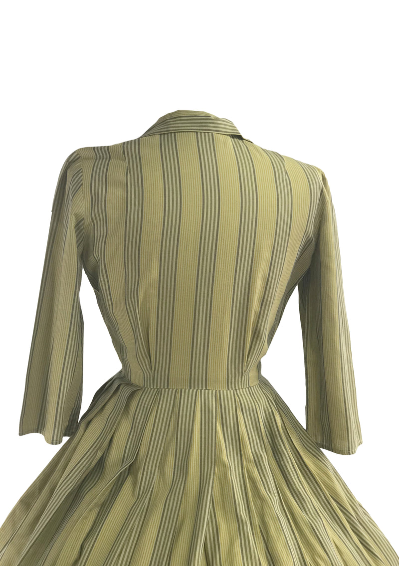 Late 1950s Sage Green Ticking Stripe Cotton Dress- New!