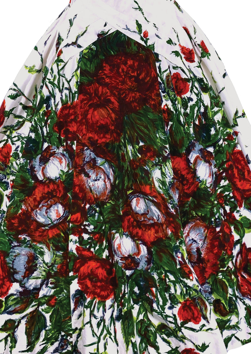 Late 1950s Spectacular Red Floral Print Designer Dress- New!